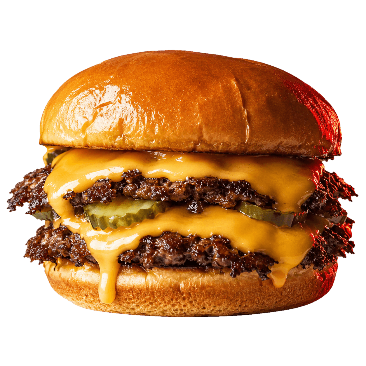 Smash burger con doble queso derretido y bordes crispy